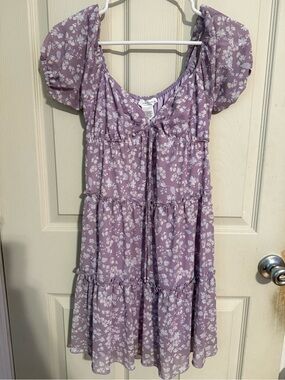 Lavender Floral Tiered Puff-Sleeve Midi Dress